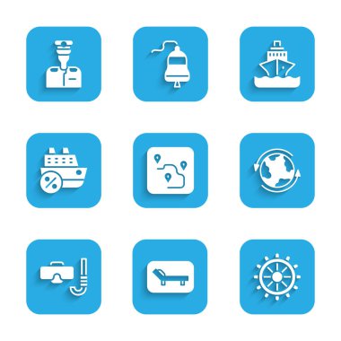 Rotayı ayarla, güneşli yatak ve şemsiye, gemi direksiyonu, dünya çapında, dalış maskesi şnorkeli, yolcu gemisi ve ikon kaptanı. Vektör