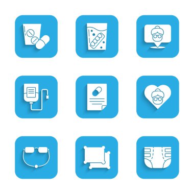 Tıbbi reçete, yastık, yetişkin bezi, büyükanne, gözlük, serum torbası, bakımevi ve ilaç hapı veya tablet ikonu hazırlayın. Vektör