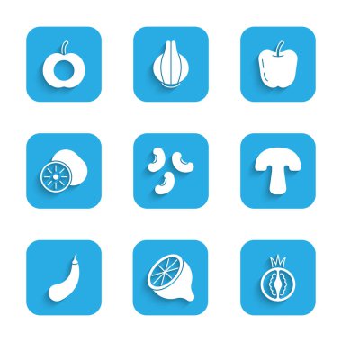 Kuru fasulye, limon, domates, mantar, patlıcan, kivi, elma ve şeftali ikonu. Vektör