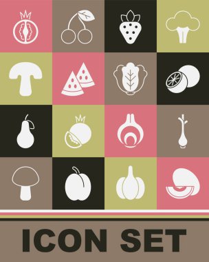 Kavun, taze soğan, portakal, çilek, karpuz, mantar, domates ve lahana ikonu. Vektör