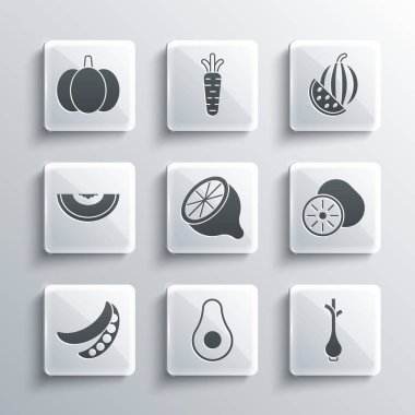 Avokado meyvesi, taze yeşil soğan, Kiwi, Lemon, Yeşil bezelye, kavun, balkabağı ve karpuz ikonu. Vektör