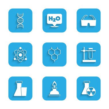 Kimyasal formül, alkol ruhu yakıcı, test tüpü radyasyonu, matara standı, atom, güvenlik gözlüğü ve DNA sembolü ikonu. Vektör