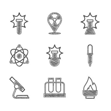 Kimyasal patlamayı, deney tüpünü ve şişeyi, alkolü veya ruh yakıcıyı, Pipette 'i, mikroskobu, atomu ve ikonu ayarla. Vektör