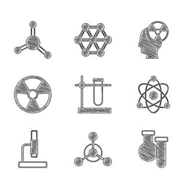 Test tüpünü kürsüye, molekül, atom, mikroskop, radyoaktif, kafa radyasyon sembolü ve simgesine ayarlayın. Vektör