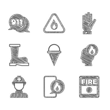 Yangın kovası, acil durum telefonu 911 'i arayın, alarm sistemi, itfaiyeci, botlar, eldivenler ve telefon ikonu. Vektör