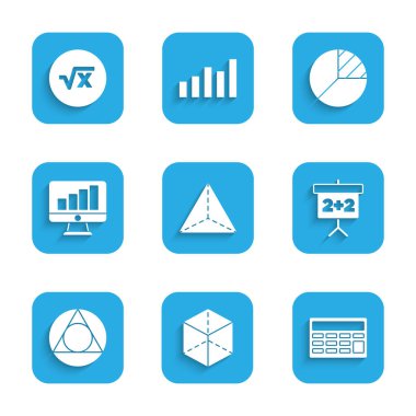Geometrik figür Tetrahedron, Küp, Hesap Makinesi, Chalkboard, Üçgen matematiği, grafik grafikli bilgisayar monitörü, turta bilgisi ve x simgesinin kare kökünü ayarlayın. Vektör