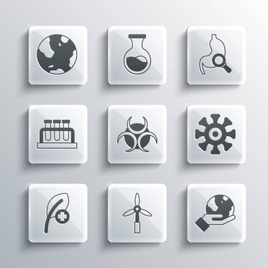 Rüzgar türbini, Dünya 'yı tutan el, Bakteri, biyolojik tehlike sembolü, Yaprak ya da yapraklar, deney tüpü şişesi ve büyüteç ikonlu mide. Vektör