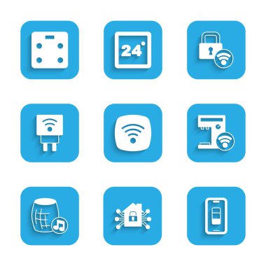 Wi-Fi kablosuz internet ağı, Smart Home, akıllı telefon pili, kahve makinesi, ses asistanı, elektrik prizi, dijital kapı kilidi ve banyo ikonu ayarla. Vektör