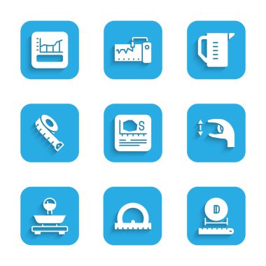 Alan ölçümünü, açıölçeri, çapı, yaklaşık ölçümleri, ölçekleri, mezurayı, fincanı ve grafiği, zamanlamayı, grafiği, diyagramı ayarlayın. Vektör