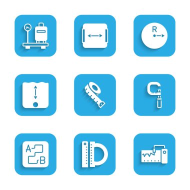 Ölçüm bandı, iletki ve cetvel, cihaz, mikrometre, rota konumu, derinlik ölçümü, yarıçap ve bavul simgesiyle ölçekleme ayarlayın. Vektör