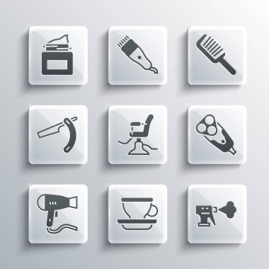 Kahve fincanı, kuaför tabancası sprey şişesi, elektrikli tıraş bıçağı, berber koltuğu, kurutucu, sek, krema, kozmetik kavanozu ve saç fırçası ikonu. Vektör