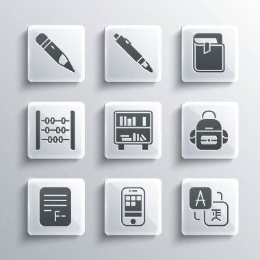 Akıllı telefon, çevirmen, okul çantası, kitaplı raf, sınav kağıdı yanlış cevaplar, abaküs, silgi ve kitap simgesi. Vektör