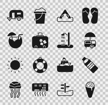 Dondurmayı waffle külahına koyun, bir şişe su, Fast Street yemek arabası, turist çadırı, bavul, hindistan cevizi kokteyli, karavan ve plaj duş ikonu. Vektör