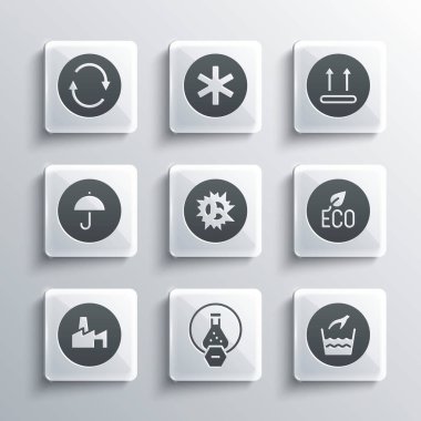 Test tüpü ve matara, el yıkama, Yaprak Eko sembolü, bomba patlaması, fabrika üretimi, şemsiyeli teslimat paketi, Geri Dönüşüm ve Sıcaklık simgesi. Vektör