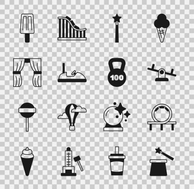 Sihirli şapka ve değnek, lunapark treni, Tahterevalli, Çarpışan araba, Sirk perdesi, dondurma ve ağırlık simgesi. Vektör