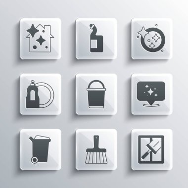 Süpürge, cam temizleyicisi, temizlik servisi, kova, çöp tenekesi, bulaşık deterjanı ve bulaşık ikonu hazırla. Vektör