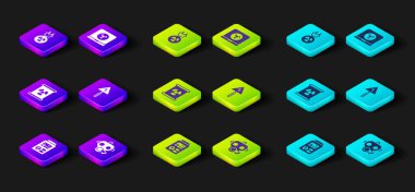 Dozimetre, gaz maskesi, varilde radyoaktif atık, yüksek voltaj işareti, nükleer dizüstü bilgisayar ve radyasyon elektrik prizi ikonu. Vektör