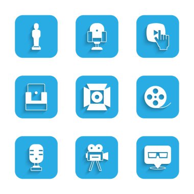 Spot ışıkları, Retro sinema kamerası, 3D gözlükler, film makarası, mikrofon, sinema koltuğu, çevrimiçi oyun videosu ve kupa ikonu. Vektör