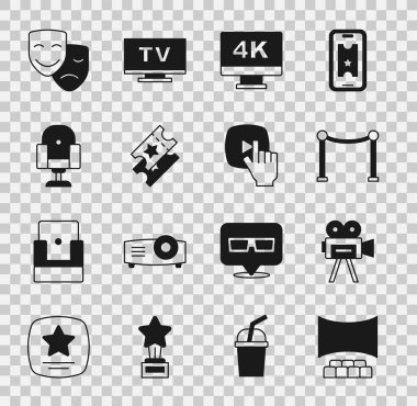 Sinema salonunu ekran, Retro sinema kamerası, ip engeli, Screen TV 4k, bilet, yönetmen film koltuğu, komedi ve trajedi maskeleri ve çevrimiçi video oyun ikonu ile ayarla. Vektör
