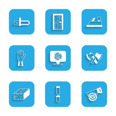 Tahta kütükler, keski aletleri, el testeresi ve balta, kiriş koruyucu eldivenler, uçak ve testere ikonu. Vektör