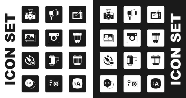 Definir Tablet Gráfico Câmera Fotográfica Quadro Com Flash Lente Fotográfica — Vetor de Stock