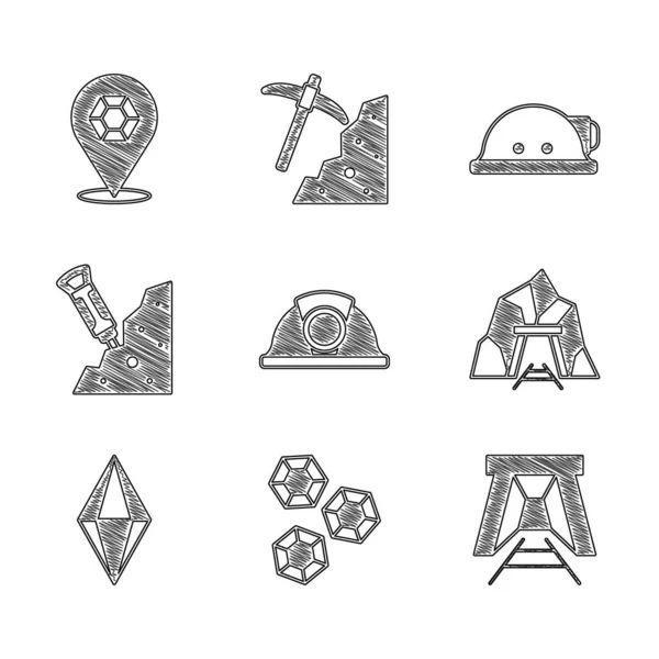 Set Miner Helm Gem Steen Entree Bouw Drilboor Pictogram Vector — Stockvector