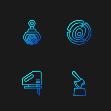 Tahta baltayı kütüğe, elektrikli testereye, vinç tutacağı kütüğe ve kütüklere yerleştir. Renk simgeleri. Vektör