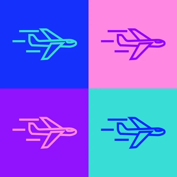 Pop Art Linie Flugzeug Symbol Isoliert Auf Farbigem Hintergrund Fliegende — Stockvektor