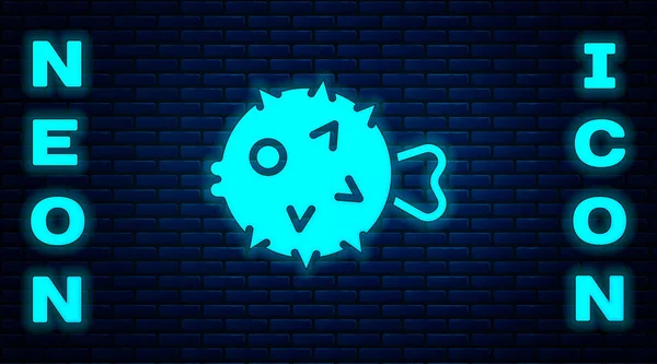 Glowing Neon Fish Hedgehog Icon Isolated Brick Wall Background Vector — Stock Vector