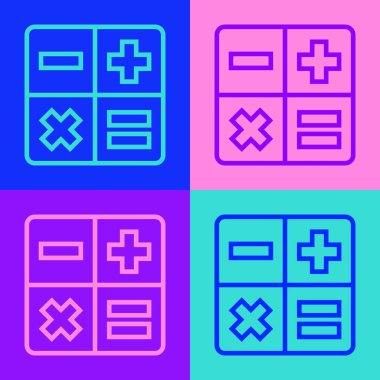 Pop sanat çizgisi hesap makinesi simgesi renk arkaplanında izole edildi. Muhasebe sembolü. İş hesaplamaları matematik eğitimi ve finans. Vektör.