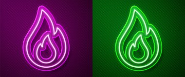 Parlayan neon hattı alev ikonu mor ve yeşil arkaplanda izole edilmiş. Vektör.