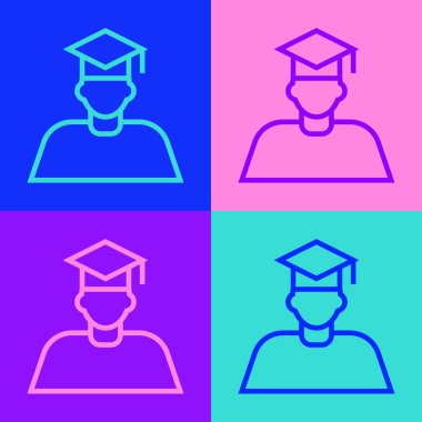 Pop Art Line Graduate ve mezuniyet şapkası ikonu renk arkaplanında izole edildi. Vektör.