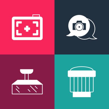 Pop sanat kamerasının fotoğraf objektifini, Softbox ışığını, fotoğraf makinesini ve simgeyi ayarla. Vektör