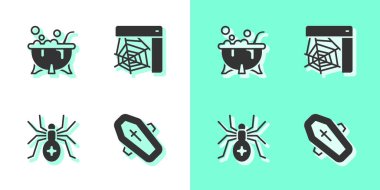 Tabut 'u haç, cadılar bayramı cadı kazanı, örümcek ve ağ ikonu ile donatın. Vektör