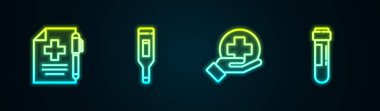Tıbbi reçete ve kalem, dijital termometre, Cross hastanesi sağlık ve kan testi tüpü ayarlayın. Parlayan neon ikonu. Vektör