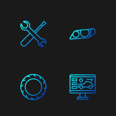 Hat tespiti, araba lastiği, tornavida, İngiliz anahtarı ve farlar. Renk simgeleri. Vektör