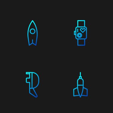 Dart oku, kask maskesi, sörf tahtası ve kalp atışlarını gösteren akıllı saat. Renk simgeleri. Vektör