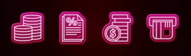 Para, finans belgesi, dolar ve kredi kartı. Parlayan neon ikonu. Vektör