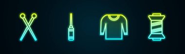 Halat örgü iğneleri, Awl aleti, süveter ve dikiş ipliği. Parlayan neon ikonu. Vektör