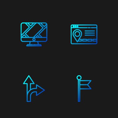 Hat konum işaretleyicisini, trafik işaretini, konumu ve şehir haritasının bilgilerini gösteren monitörü ayarla. Renk simgeleri. Vektör