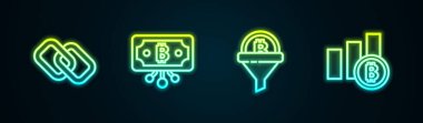 Hat zinciri, devreli Bitcoin, Satış hunisi bitcoin ve turta grafiği bilgisini ayarla. Parlayan neon ikonu. Vektör