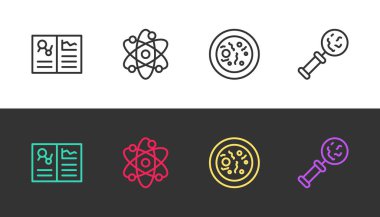 Çizgi klinik rekoru, Atom, bakteri ve mikroorganizmalı petri kabı siyah ve beyaz büyüteç altında. Vektör