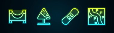 Hattı kaykay parkı, yol tabelaları çığ, Snowboard ve Route konumu. Parlayan neon ikonu. Vektör