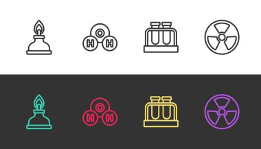 Alkol ya da ruh yakıcı, H2O için kimyasal formül, test tüpü, matara ve radyoaktifi siyah ve beyaza ayarla. Vektör