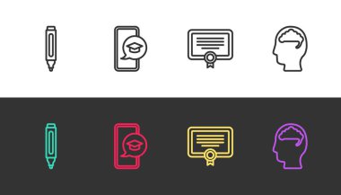 Çizgi İşaretleyici kalemini, cep telefonunda mezuniyet şapkasını, sertifika şablonunu ve insan beynini siyah beyaz olarak ayarla. Vektör