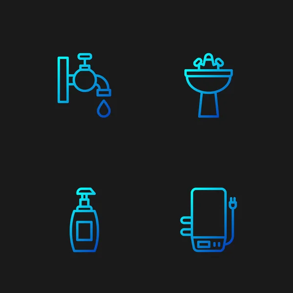 Set Line Elektroboiler Flasche Flüssigseife Wasserhahn Und Waschbecken Mit Wasser — Stockvektor