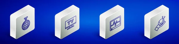 アイソメトリックラインディスコボール スマートテレビ 心臓や糸編み針のアイコンとモニターを設定します ベクトル — ストックベクタ