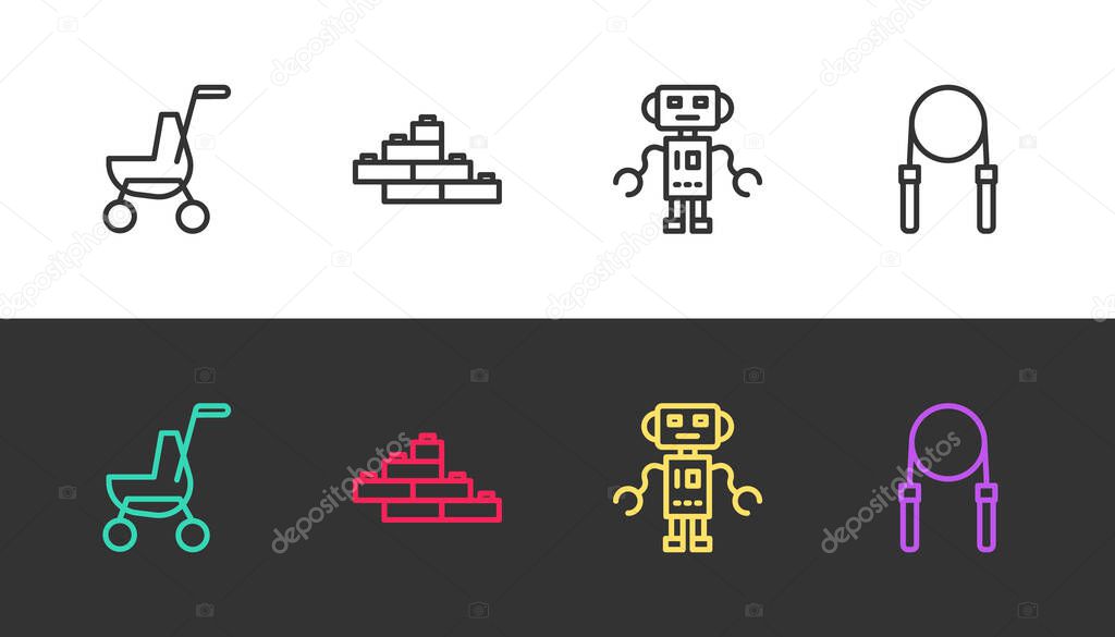 Set line Baby stroller, Toy building block bricks, Robot toy and Jump rope on black and white. Vector