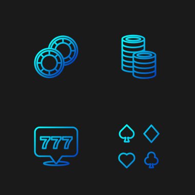 İskambil kağıtları, büyük ikramiyeli kumar makinesi, kumarhane fişleri ve. Renk simgeleri. Vektör