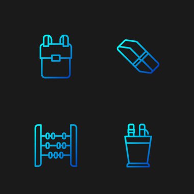 Kalem kutusu kırtasiyesi, abaküs, okul çantası ve silgi ya da kauçuk. Renk simgeleri. Vektör